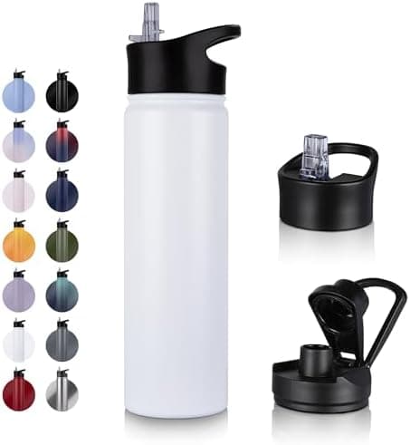 Edelstahl Trinkflasche - 1L - mit Strohhalm, BPA frei Thermosflasche,Vakuum Doppelwandisolierung für Sport,Schule und Fa