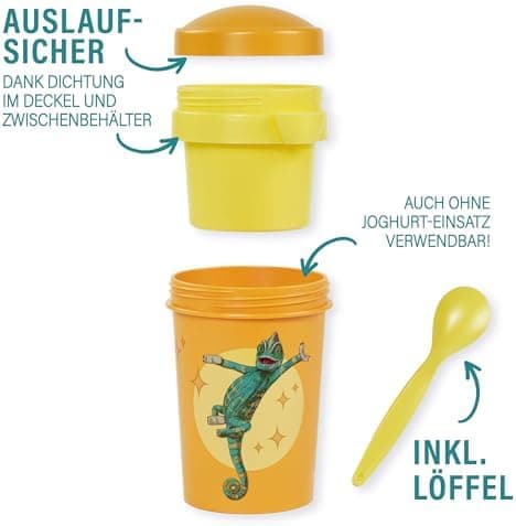 AWAVE Müslibecher To Go - Magische Tiere Schule 540 ml rPET Grün Henrietta, Joghurt-Früchte-Suppe Becher mit Löffel, Aus