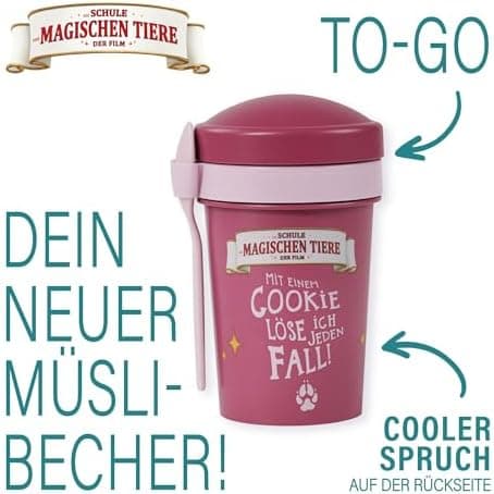 AWAVE Müslibecher To Go - Magische Tiere Schule 540 ml rPET Grün Henrietta, Joghurt-Früchte-Suppe Becher mit Löffel, Aus