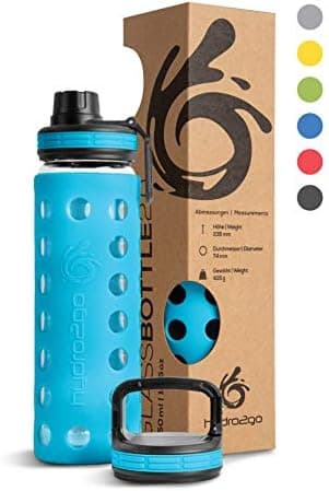Hydro2go Glas-Trinkflasche mit Silikonhülle – Spülmaschinenfest, 100% Auslaufsicher & BPA-frei – Ideal für Kinder & Fami