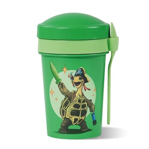 AWAVE Müslibecher To Go - Magische Tiere Schule 540 ml rPET Grün Henrietta, Joghurt-Früchte-Suppe Becher mit Löffel, Aus
