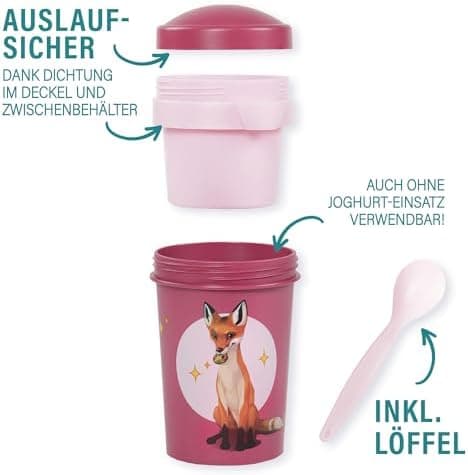 AWAVE Müslibecher To Go - Magische Tiere Schule 540 ml rPET Grün Henrietta, Joghurt-Früchte-Suppe Becher mit Löffel, Aus