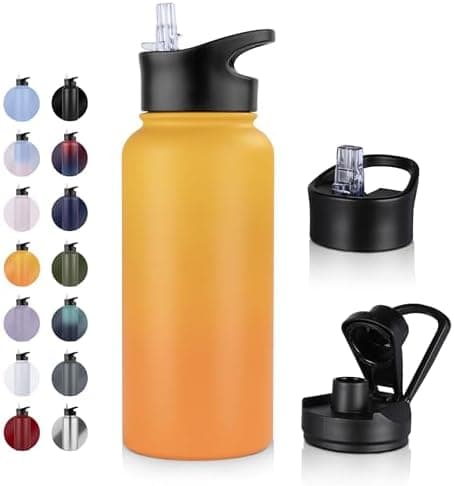 Edelstahl Trinkflasche - 1L - mit Strohhalm, BPA frei Thermosflasche,Vakuum Doppelwandisolierung für Sport,Schule und Fa