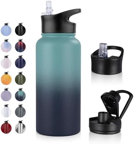 Edelstahl Trinkflasche - 1L - mit Strohhalm, BPA frei Thermosflasche,Vakuum Doppelwandisolierung für Sport,Schule und Fa