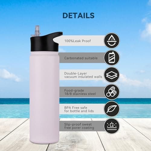 Edelstahl Trinkflasche - 1L - mit Strohhalm, BPA frei Thermosflasche,Vakuum Doppelwandisolierung für Sport,Schule und Fa