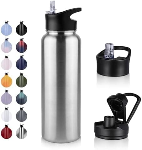 Edelstahl Trinkflasche - 1L - mit Strohhalm, BPA frei Thermosflasche,Vakuum Doppelwandisolierung für Sport,Schule und Fa