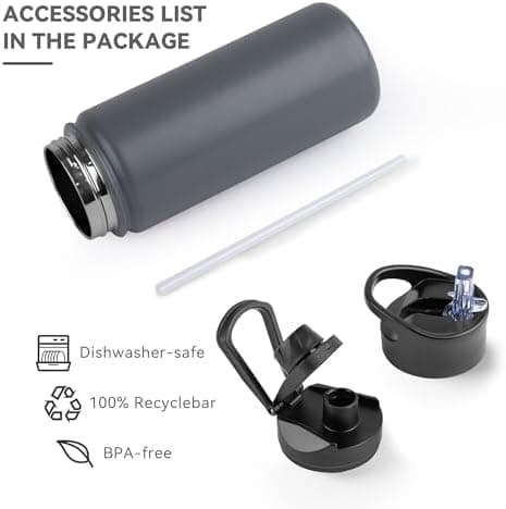 Edelstahl Trinkflasche - 1L - mit Strohhalm, BPA frei Thermosflasche,Vakuum Doppelwandisolierung für Sport,Schule und Fa