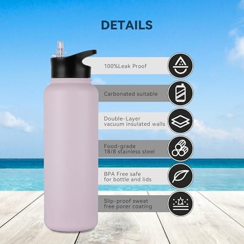 Edelstahl Trinkflasche - 1L - mit Strohhalm, BPA frei Thermosflasche,Vakuum Doppelwandisolierung für Sport,Schule und Fa