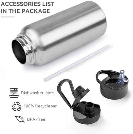 Edelstahl Trinkflasche - 1L - mit Strohhalm, BPA frei Thermosflasche,Vakuum Doppelwandisolierung für Sport,Schule und Fa