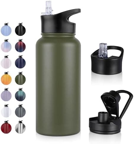 Edelstahl Trinkflasche - 1L - mit Strohhalm, BPA frei Thermosflasche,Vakuum Doppelwandisolierung für Sport,Schule und Fa