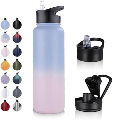 Edelstahl Trinkflasche - 1L - mit Strohhalm, BPA frei Thermosflasche,Vakuum Doppelwandisolierung für Sport,Schule und Fa