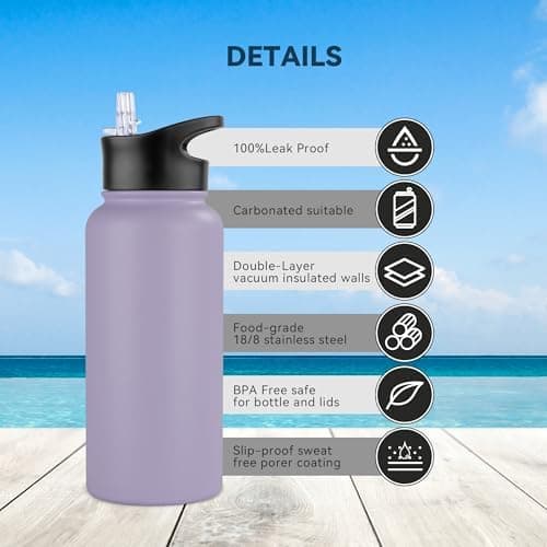Edelstahl Trinkflasche - 1L - mit Strohhalm, BPA frei Thermosflasche,Vakuum Doppelwandisolierung für Sport,Schule und Fa