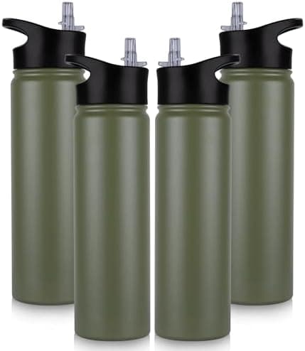 Edelstahl Trinkflasche - 1L - mit Strohhalm, BPA frei Thermosflasche,Vakuum Doppelwandisolierung für Sport,Schule und Fa