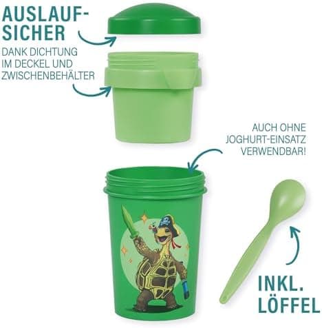 AWAVE Müslibecher To Go - Magische Tiere Schule 540 ml rPET Grün Henrietta, Joghurt-Früchte-Suppe Becher mit Löffel, Aus