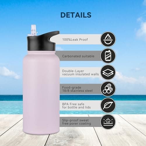 Edelstahl Trinkflasche - 1L - mit Strohhalm, BPA frei Thermosflasche,Vakuum Doppelwandisolierung für Sport,Schule und Fa