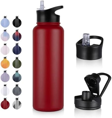 Edelstahl Trinkflasche - 1L - mit Strohhalm, BPA frei Thermosflasche,Vakuum Doppelwandisolierung für Sport,Schule und Fa