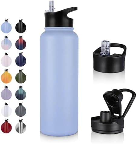 Edelstahl Trinkflasche - 1L - mit Strohhalm, BPA frei Thermosflasche,Vakuum Doppelwandisolierung für Sport,Schule und Fa