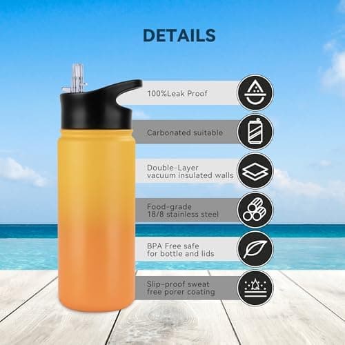 Edelstahl Trinkflasche - 1L - mit Strohhalm, BPA frei Thermosflasche,Vakuum Doppelwandisolierung für Sport,Schule und Fa