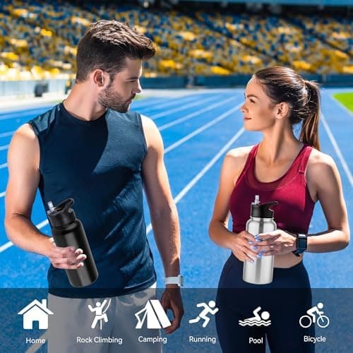 Edelstahl Trinkflasche - 1L - mit Strohhalm, BPA frei Thermosflasche,Vakuum Doppelwandisolierung für Sport,Schule und Fa