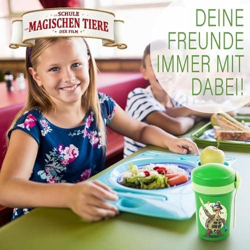 AWAVE Müslibecher To Go - Magische Tiere Schule 540 ml rPET Grün Henrietta, Joghurt-Früchte-Suppe Becher mit Löffel, Aus