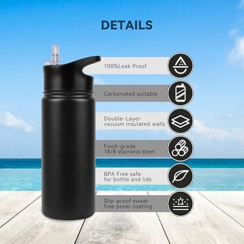 Edelstahl Trinkflasche - 1L - mit Strohhalm, BPA frei Thermosflasche,Vakuum Doppelwandisolierung für Sport,Schule und Fa