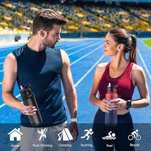 Edelstahl Trinkflasche - 1L - mit Strohhalm, BPA frei Thermosflasche,Vakuum Doppelwandisolierung für Sport,Schule und Fa
