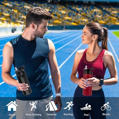 Edelstahl Trinkflasche - 1L - mit Strohhalm, BPA frei Thermosflasche,Vakuum Doppelwandisolierung für Sport,Schule und Fa
