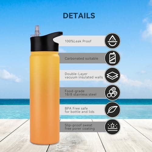 Edelstahl Trinkflasche - 1L - mit Strohhalm, BPA frei Thermosflasche,Vakuum Doppelwandisolierung für Sport,Schule und Fa