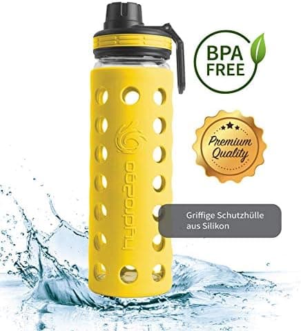 Hydro2go Glas-Trinkflasche mit Silikonhülle – Spülmaschinenfest, 100% Auslaufsicher & BPA-frei – Ideal für Kinder & Fami