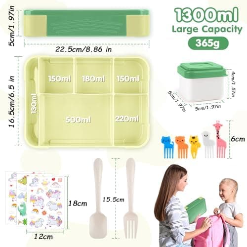 Kinder Brotdose WuGU 5-Fach Auslauf Sicher 1300 ml Grüne Lunchbox für Schule und Ausflüge
