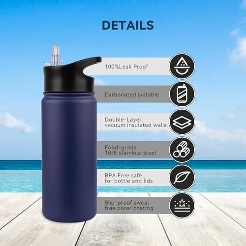 Edelstahl Trinkflasche - 1L - mit Strohhalm, BPA frei Thermosflasche,Vakuum Doppelwandisolierung für Sport,Schule und Fa