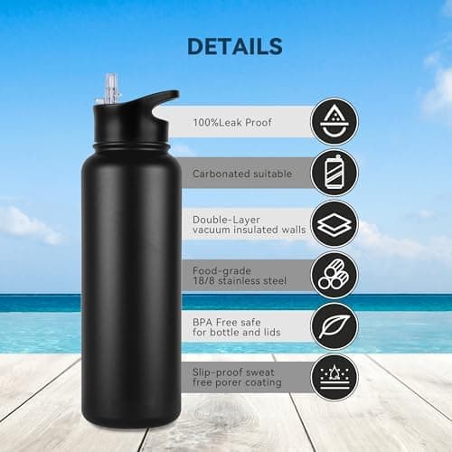 Edelstahl Trinkflasche - 1L - mit Strohhalm, BPA frei Thermosflasche,Vakuum Doppelwandisolierung für Sport,Schule und Fa
