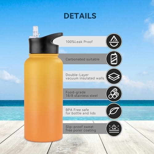 Edelstahl Trinkflasche - 1L - mit Strohhalm, BPA frei Thermosflasche,Vakuum Doppelwandisolierung für Sport,Schule und Fa