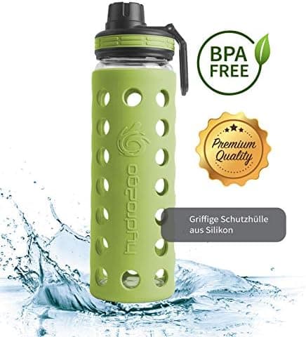 Hydro2go Glas-Trinkflasche mit Silikonhülle – Spülmaschinenfest, 100% Auslaufsicher & BPA-frei – Ideal für Kinder & Fami