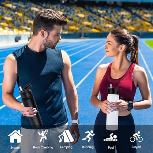 Edelstahl Trinkflasche - 1L - mit Strohhalm, BPA frei Thermosflasche,Vakuum Doppelwandisolierung für Sport,Schule und Fa