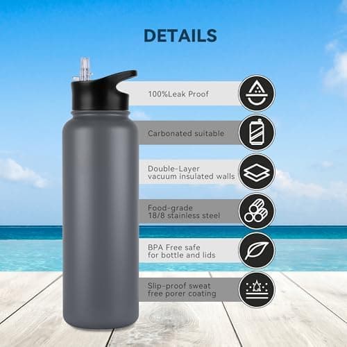 Edelstahl Trinkflasche - 1L - mit Strohhalm, BPA frei Thermosflasche,Vakuum Doppelwandisolierung für Sport,Schule und Fa