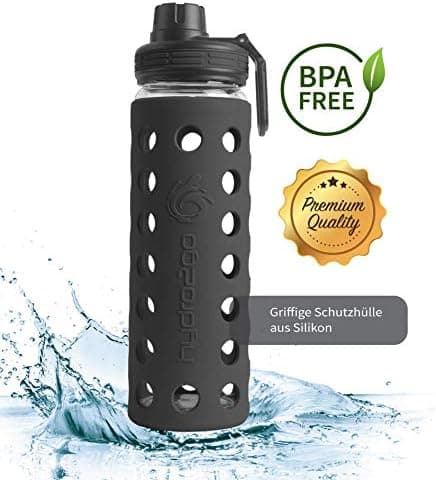 Hydro2go Glas-Trinkflasche mit Silikonhülle – Spülmaschinenfest, 100% Auslaufsicher & BPA-frei – Ideal für Kinder & Fami