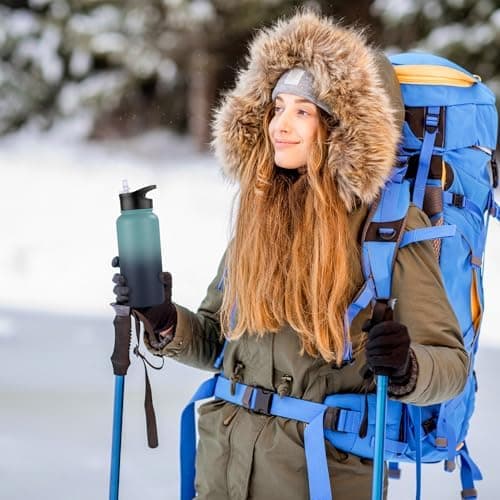 Edelstahl Trinkflasche - 1L - mit Strohhalm, BPA frei Thermosflasche,Vakuum Doppelwandisolierung für Sport,Schule und Fa