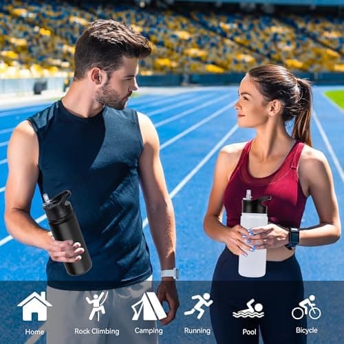 Edelstahl Trinkflasche - 1L - mit Strohhalm, BPA frei Thermosflasche,Vakuum Doppelwandisolierung für Sport,Schule und Fa