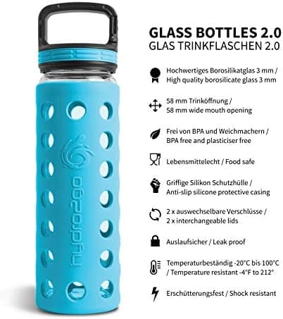 Hydro2go Glas-Trinkflasche mit Silikonhülle – Spülmaschinenfest, 100% Auslaufsicher & BPA-frei – Ideal für Kinder & Fami