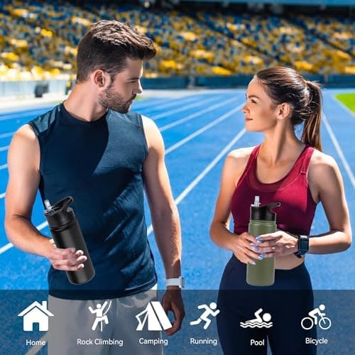 Edelstahl Trinkflasche - 1L - mit Strohhalm, BPA frei Thermosflasche,Vakuum Doppelwandisolierung für Sport,Schule und Fa