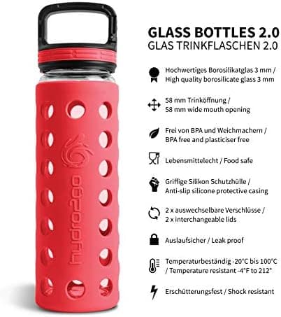 Hydro2go Glas-Trinkflasche mit Silikonhülle – Spülmaschinenfest, 100% Auslaufsicher & BPA-frei – Ideal für Kinder & Fami