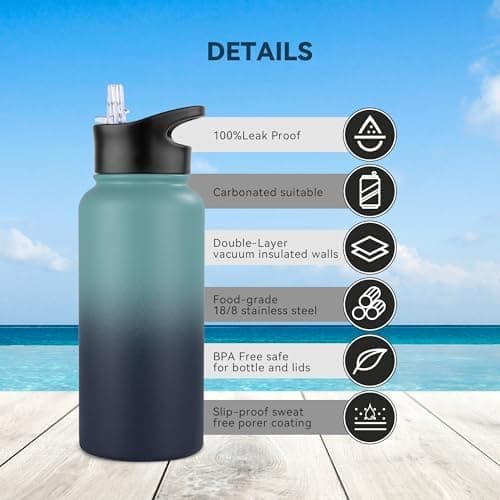 Edelstahl Trinkflasche - 1L - mit Strohhalm, BPA frei Thermosflasche,Vakuum Doppelwandisolierung für Sport,Schule und Fa