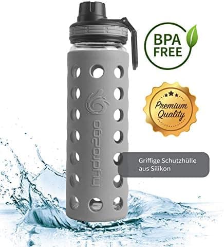 Hydro2go Glas-Trinkflasche mit Silikonhülle – Spülmaschinenfest, 100% Auslaufsicher & BPA-frei – Ideal für Kinder & Fami