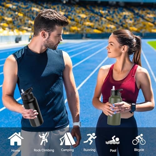 Edelstahl Trinkflasche - 1L - mit Strohhalm, BPA frei Thermosflasche,Vakuum Doppelwandisolierung für Sport,Schule und Fa