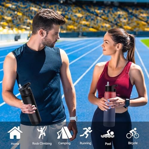 Edelstahl Trinkflasche - 1L - mit Strohhalm, BPA frei Thermosflasche,Vakuum Doppelwandisolierung für Sport,Schule und Fa