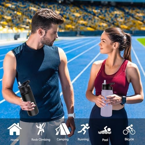 Edelstahl Trinkflasche - 1L - mit Strohhalm, BPA frei Thermosflasche,Vakuum Doppelwandisolierung für Sport,Schule und Fa