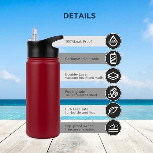 Edelstahl Trinkflasche - 1L - mit Strohhalm, BPA frei Thermosflasche,Vakuum Doppelwandisolierung für Sport,Schule und Fa