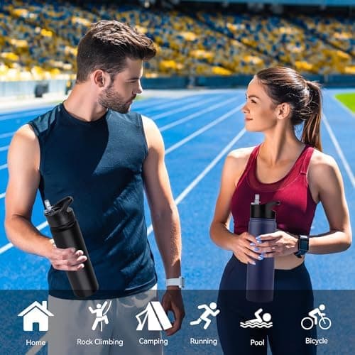 Edelstahl Trinkflasche - 1L - mit Strohhalm, BPA frei Thermosflasche,Vakuum Doppelwandisolierung für Sport,Schule und Fa