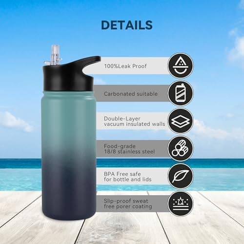 Edelstahl Trinkflasche - 1L - mit Strohhalm, BPA frei Thermosflasche,Vakuum Doppelwandisolierung für Sport,Schule und Fa